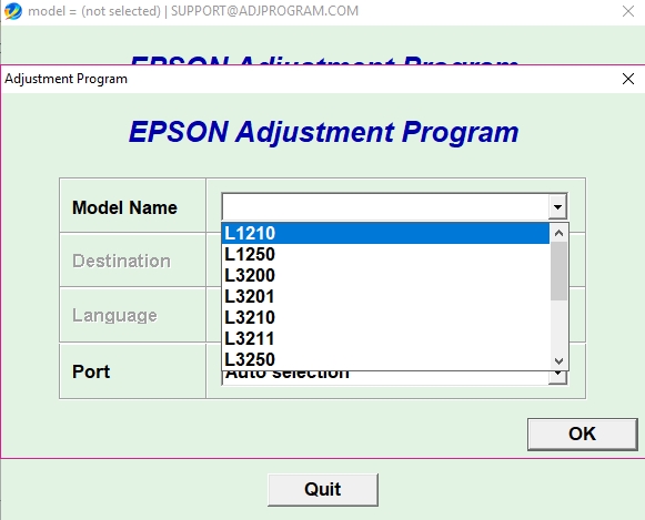 Using Epson L1210/L1250/L3250/L5296 Adjustment Program Step 1