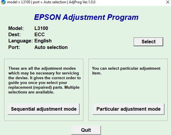 Using Epson L3100/L3110/L3115/L3116 Adjustment Program Step 3