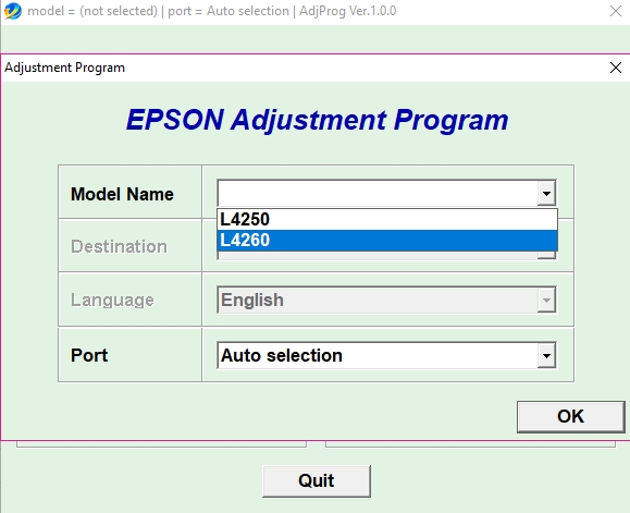 Using Epson L4250/L4260 Adjustment Program Step 1