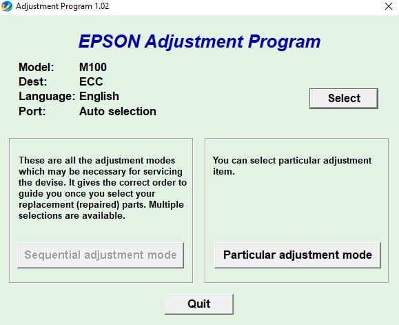 Using Epson M100 Adjustment Program Step 2
