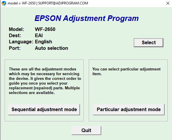Using Epson WF2650 Adjustment Program Step 2