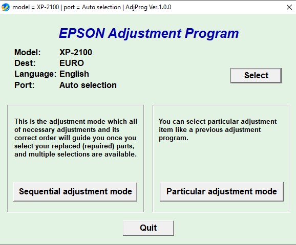 Using Epson XP2100 Adjustment Program Step 2