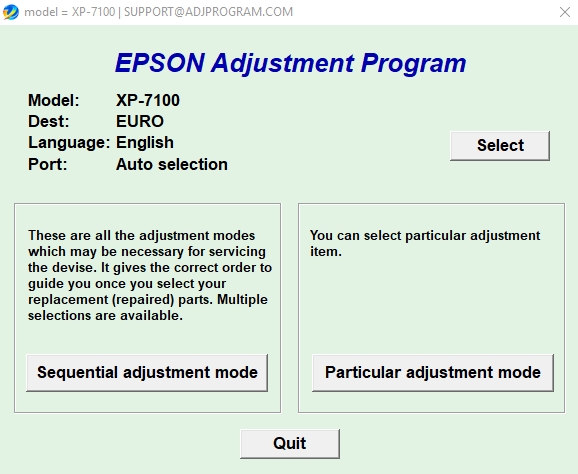 Using Epson XP-7100 Adjustment Program Step 2